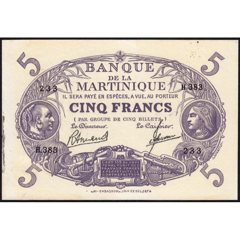 Martinique - Pick 6_3 - 5 francs - Série H.383 - 1945 - Etat : TTB+