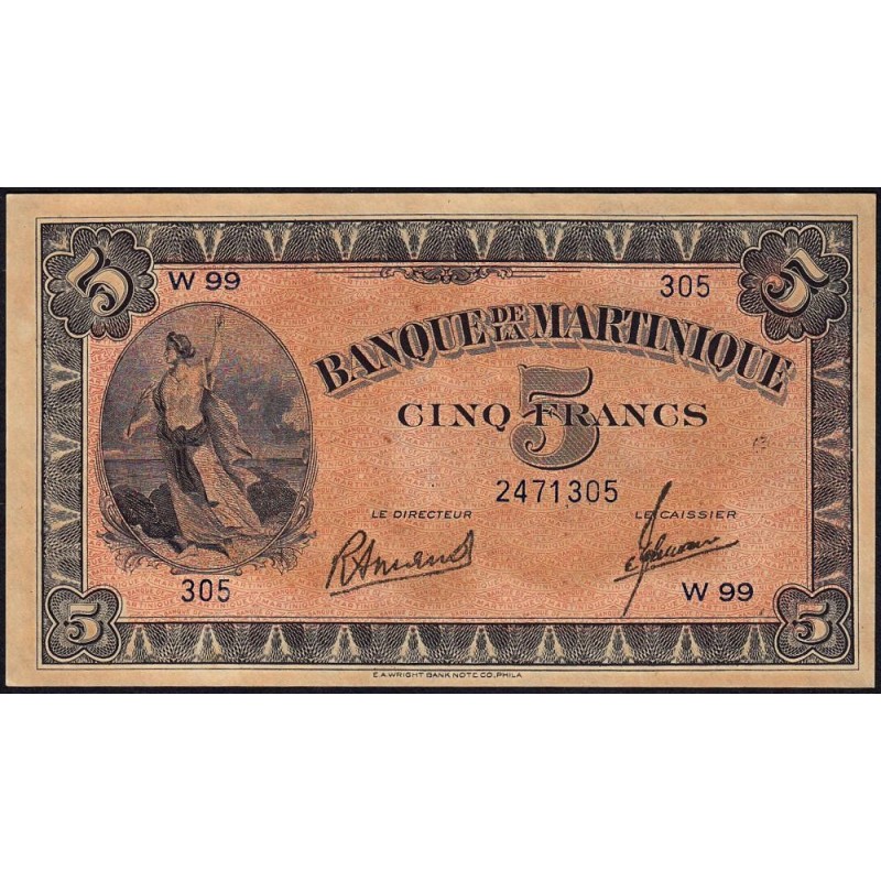 Martinique - Pick 16_3 - 5 francs - Série W 99 (remplacement) - 1945 - Etat : SPL