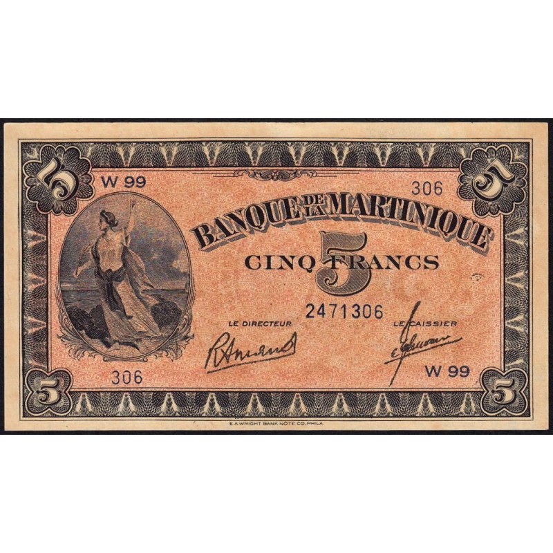 Martinique - Pick 16_3 - 5 francs - Série W 99 (remplacement) - 1945 - Etat : SPL