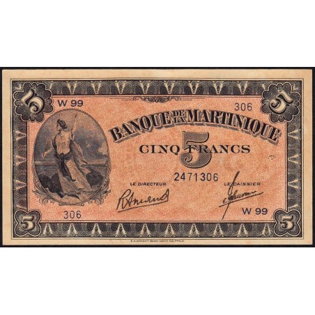 Martinique - Pick 16_3 - 5 francs - Série W 99 (remplacement) - 1945 - Etat : SPL