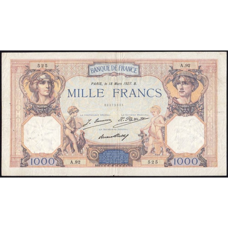 F 37-01 - 18/03/1927 - 1000 francs - Cérès et Mercure - Série A.92 - Etat : TTB-