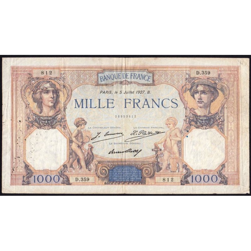 F 37-01 - 05/07/1927 - 1000 francs - Cérès et Mercure - Série D.359 - Etat : TB