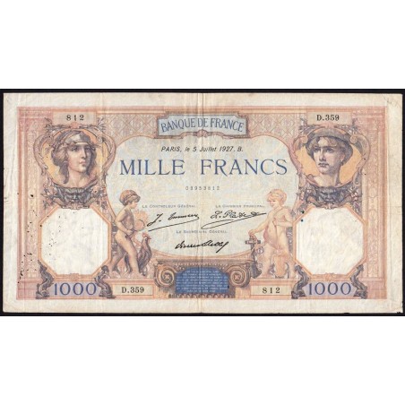 F 37-01 - 05/07/1927 - 1000 francs - Cérès et Mercure - Série D.359 - Etat : TB
