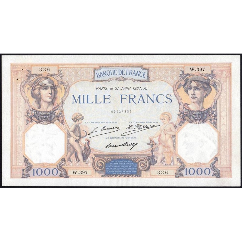 F 37-01 - 21/07/1927 - 1000 francs - Cérès et Mercure - Série W.397 (remplacement) - Etat : TTB+