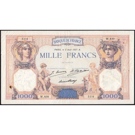 F 37-01 - 03/08/1927 - 1000 francs - Cérès et Mercure - Série W.430 (remplacement) - Etat : TB+