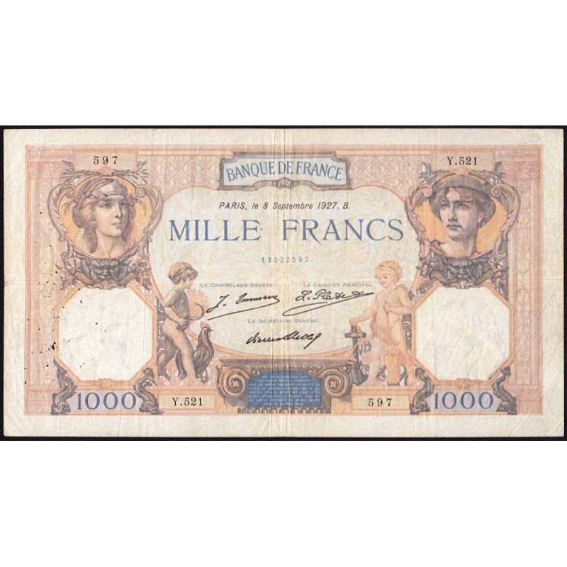 F 37-01 - 09/09/1927 - 1000 francs - Cérès et Mercure - Série Y.521 - Etat : TB-