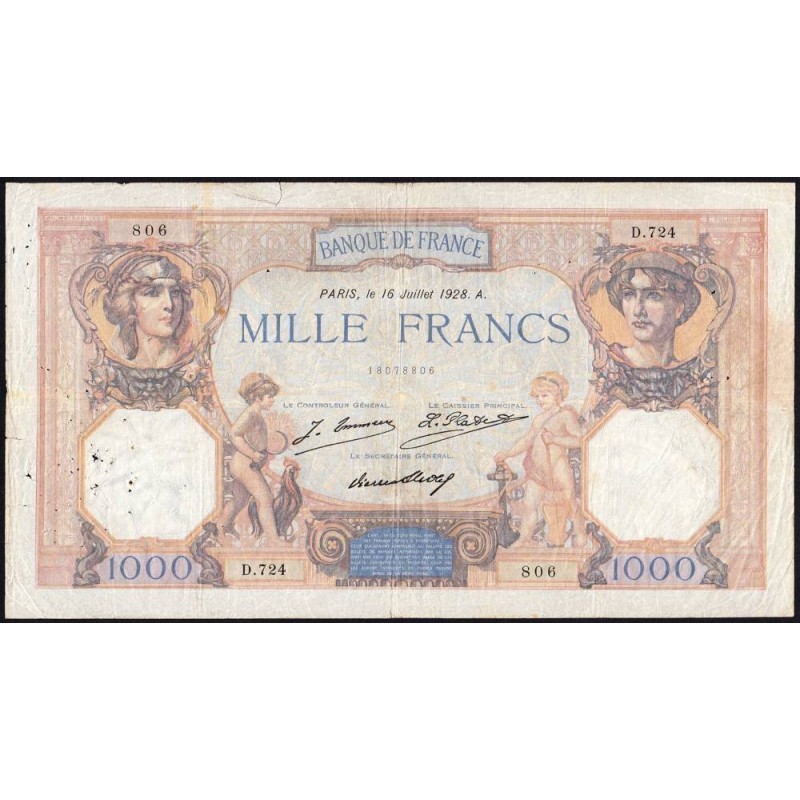 F 37-02 - 16/07/1928 - 1000 francs - Cérès et Mercure - Série D.724 - Etat : TB
