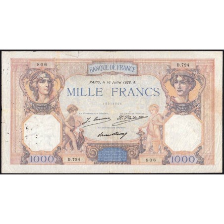 F 37-02 - 16/07/1928 - 1000 francs - Cérès et Mercure - Série D.724 - Etat : TB