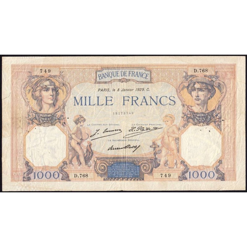 F 37-03 - 08/01/1929 - 1000 francs - Cérès et Mercure - Série D.768 - Etat : TB-