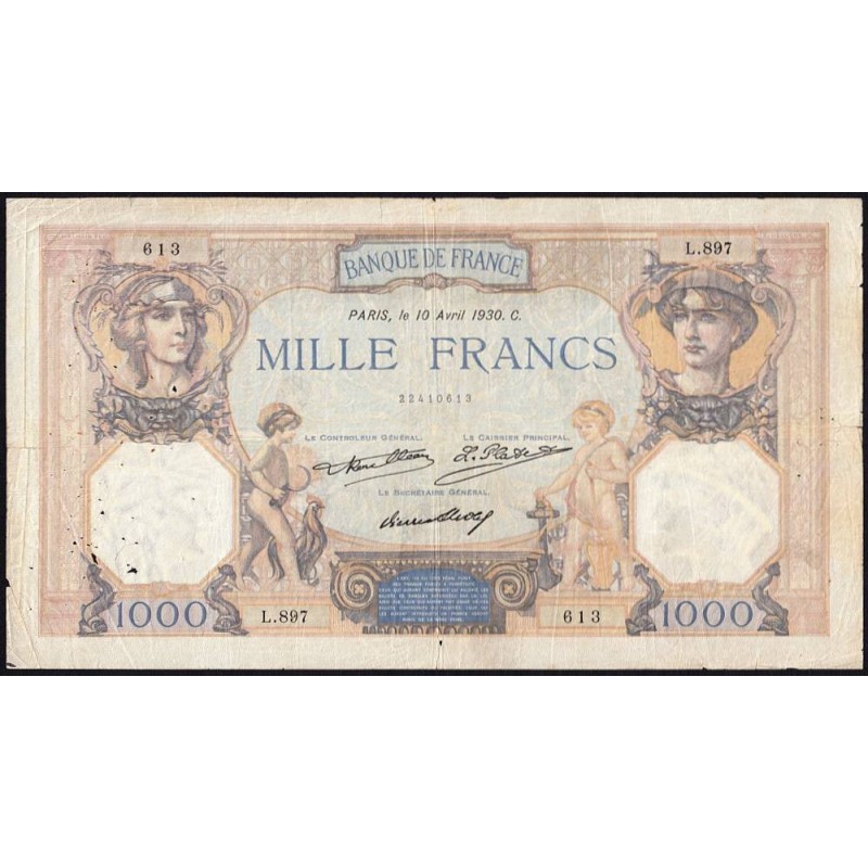 F 37-05 - 10/04/1930 - 1000 francs - Cérès et Mercure - Série L.897 - Etat : TB
