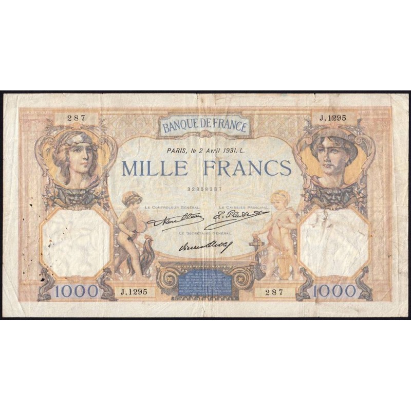 F 37-06 - 02/04/1931 - 1000 francs - Cérès et Mercure - Série J.1295 - Etat : TB-