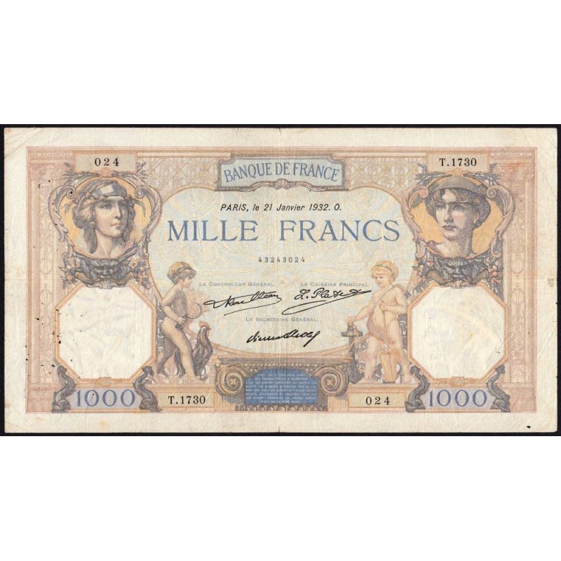 F 37-07 - 21/01/1932 - 1000 francs - Cérès et Mercure - Série T.1730 - Etat : TB