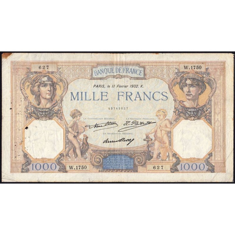 F 37-07 - 11/02/1932 - 1000 francs - Cérès et Mercure - Série W.1750 (remplacement) - Etat : TB-