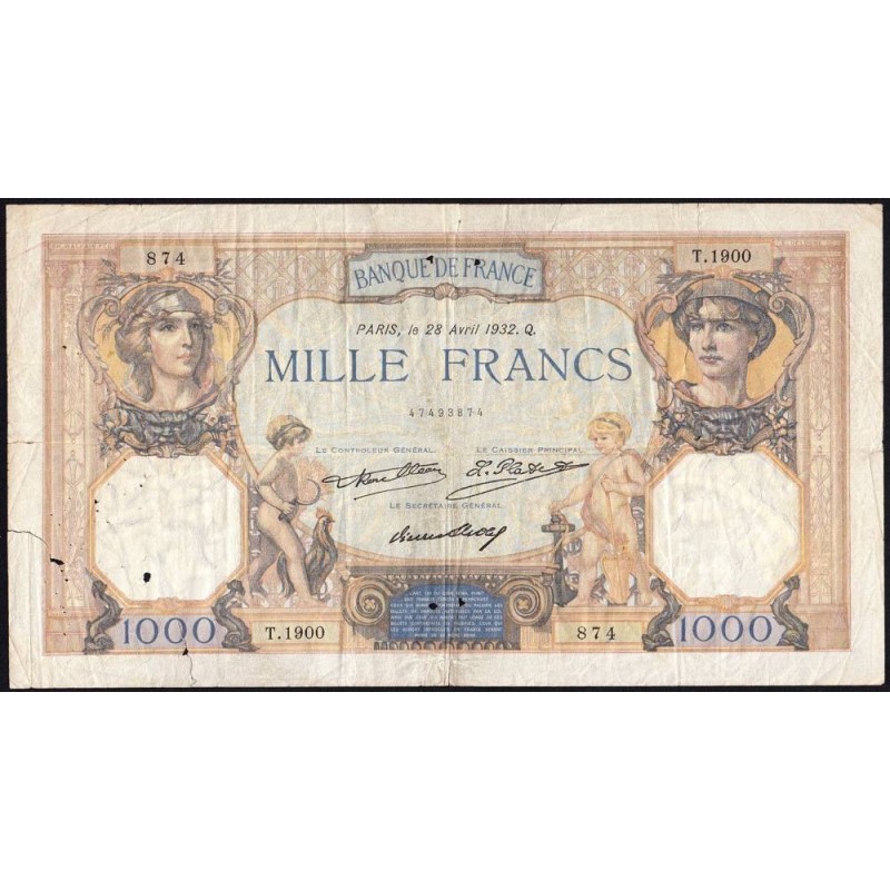 F 37-07 - 28/04/1932 - 1000 francs - Cérès et Mercure - Série T.1900 - Etat : B+