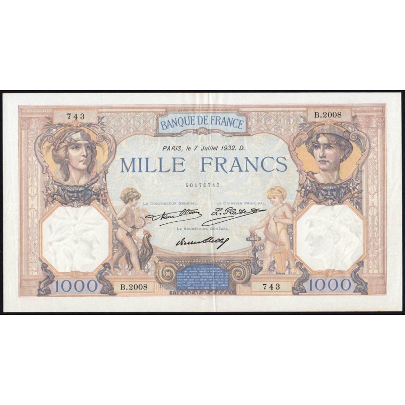 F 37-07 - 07/07/1932 - 1000 francs - Cérès et Mercure - Série B.2008 - Etat : TTB+ à SUP