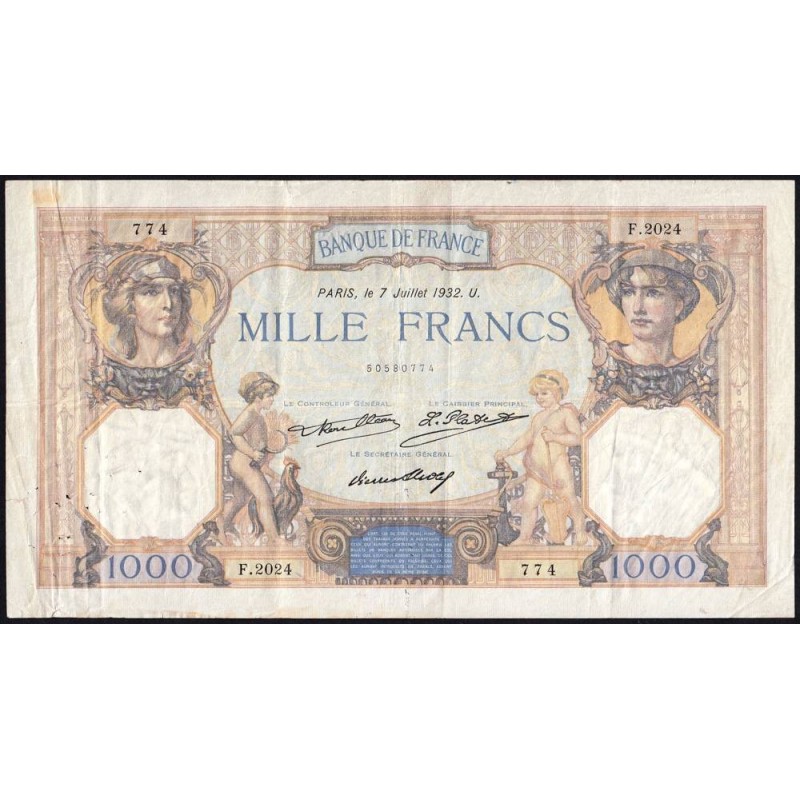 F 37-07 - 07/07/1932 - 1000 francs - Cérès et Mercure - Série F.2024 - Etat : TTB-