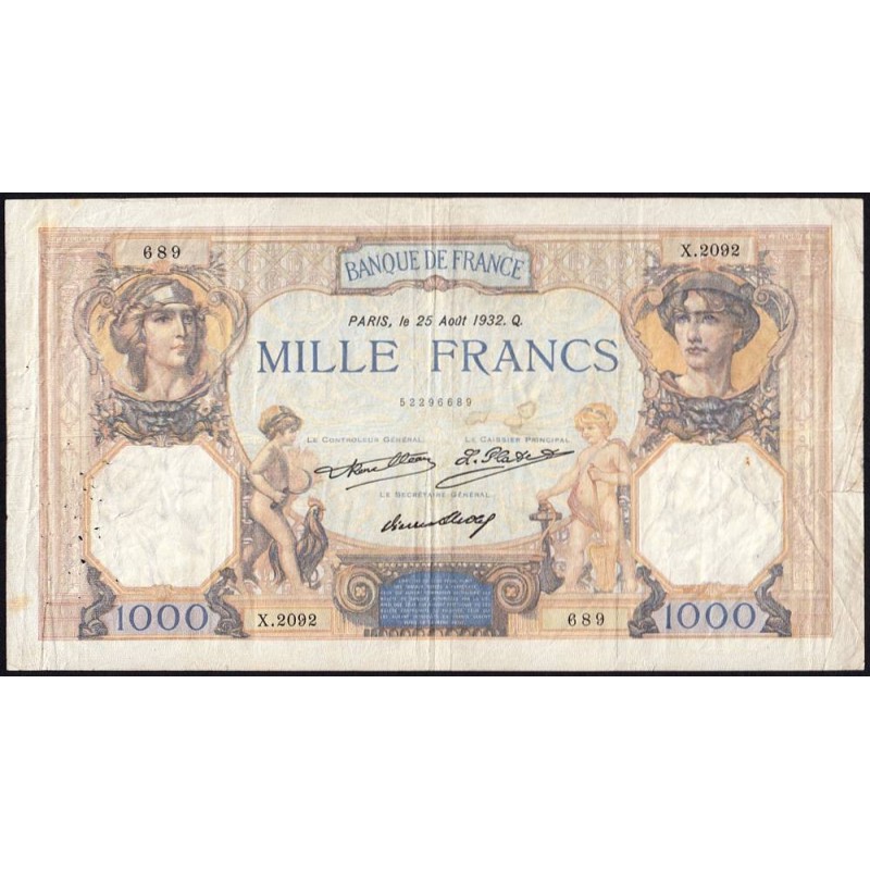 F 37-07 - 25/08/1932 - 1000 francs - Cérès et Mercure - Série X.2092 - Etat : TB-
