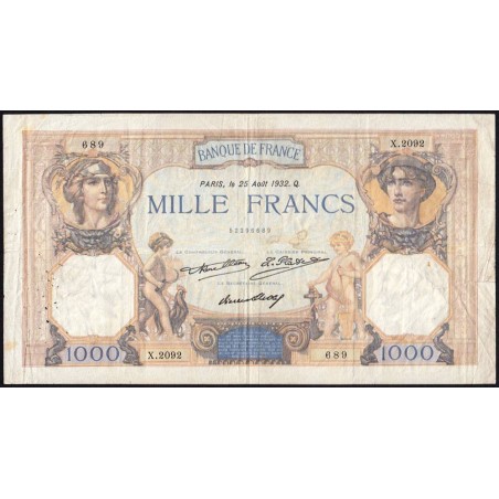 F 37-07 - 25/08/1932 - 1000 francs - Cérès et Mercure - Série X.2092 - Etat : TB-