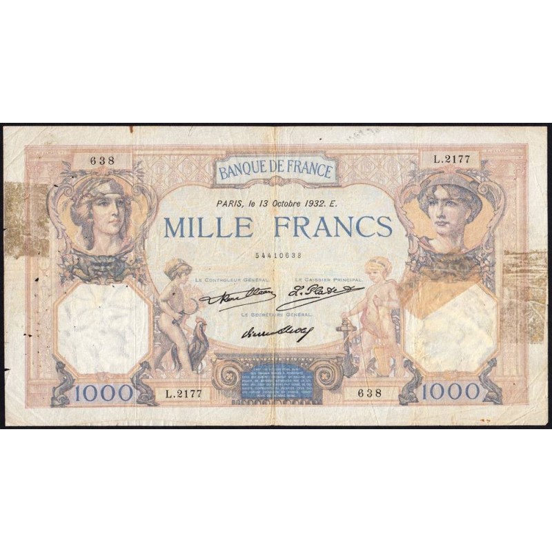 F 37-07 - 12/10/1932 - 1000 francs - Cérès et Mercure - Série L.2177 - Etat : B