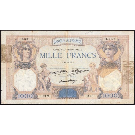 F 37-07 - 12/10/1932 - 1000 francs - Cérès et Mercure - Série L.2177 - Etat : B