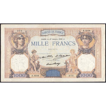 F 37-07 - 27/10/1932 - 1000 francs - Cérès et Mercure - Série A.2216 - Etat : TB+