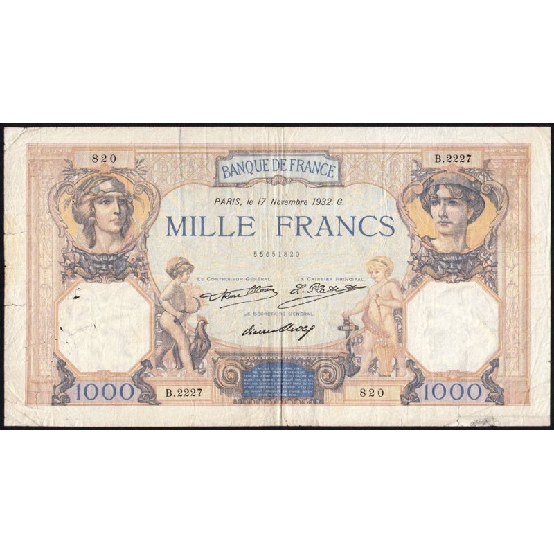 F 37-07 - 17/11/1932 - 1000 francs - Cérès et Mercure - Série B.2227 - Etat : TB-