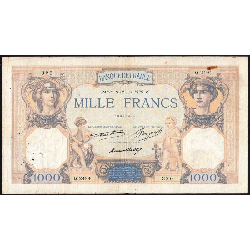 F 37-09 - 18/06/1936 - 1000 francs - Cérès et Mercure - Série Q.2494 - Etat : TB-