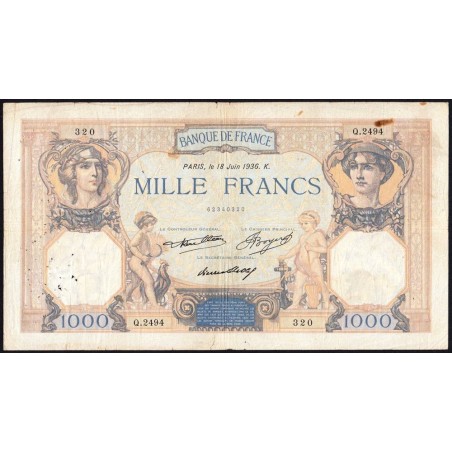 F 37-09 - 18/06/1936 - 1000 francs - Cérès et Mercure - Série Q.2494 - Etat : TB-