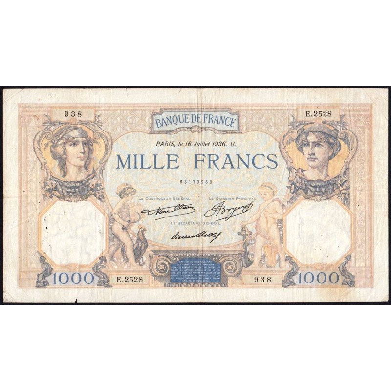 F 37-09 - 16/07/1936 - 1000 francs - Cérès et Mercure - Série E.2528 - Etat : TB
