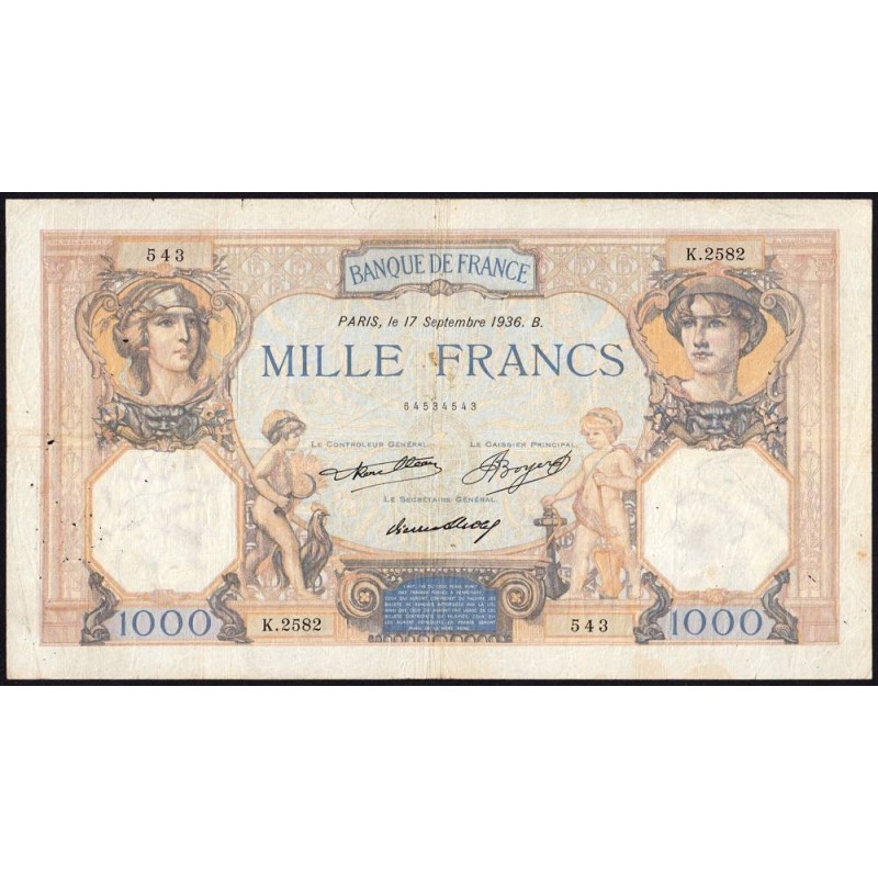 F 37-09 - 17/09/1936 - 1000 francs - Cérès et Mercure - Série K.2582 - Etat : TB