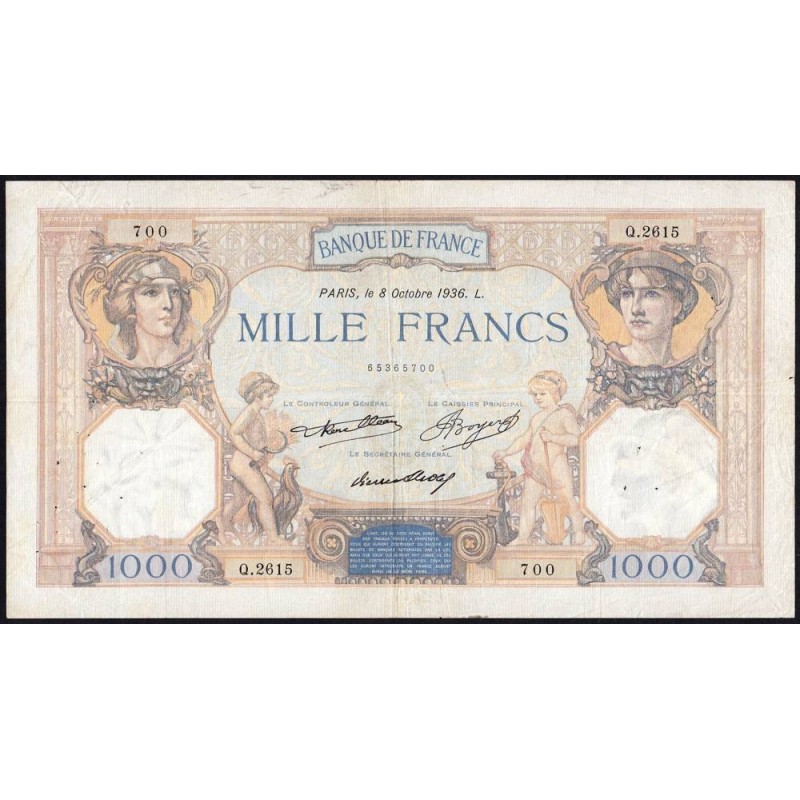F 37-09 - 08/10/1936 - 1000 francs - Cérès et Mercure - Série Q.2615 - Etat : TB+