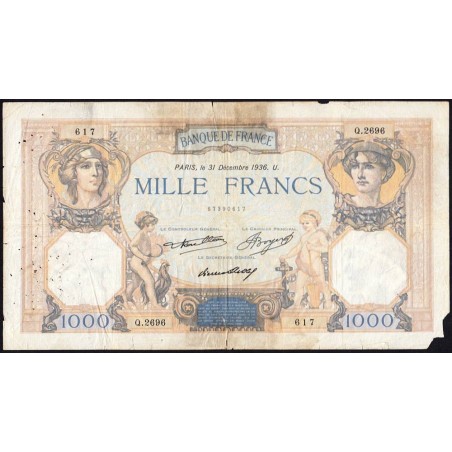 F 37-09 - 31/12/1936 - 1000 francs - Cérès et Mercure - Série Q.2696 - Etat : B