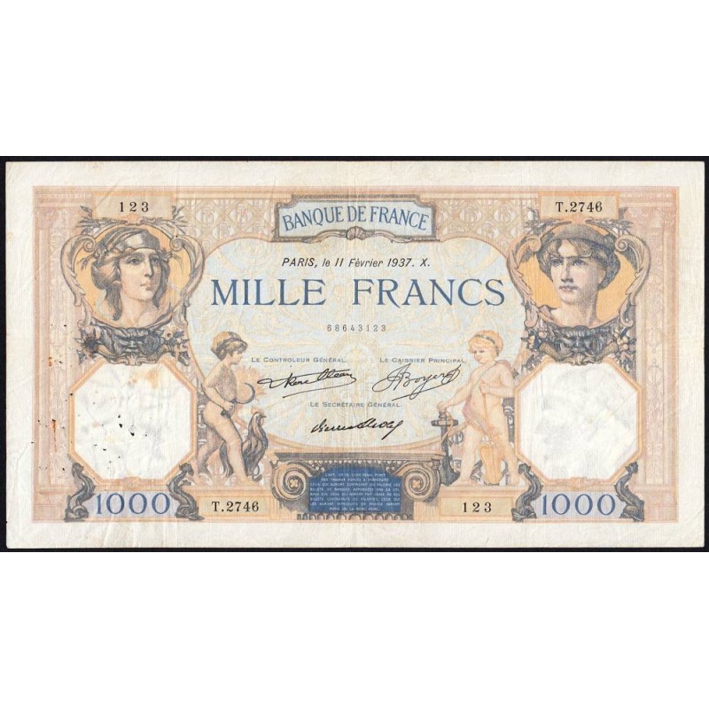 F 37-10 - 11/02/1937 - 1000 francs - Cérès et Mercure - Série T.2746 - Etat : TB
