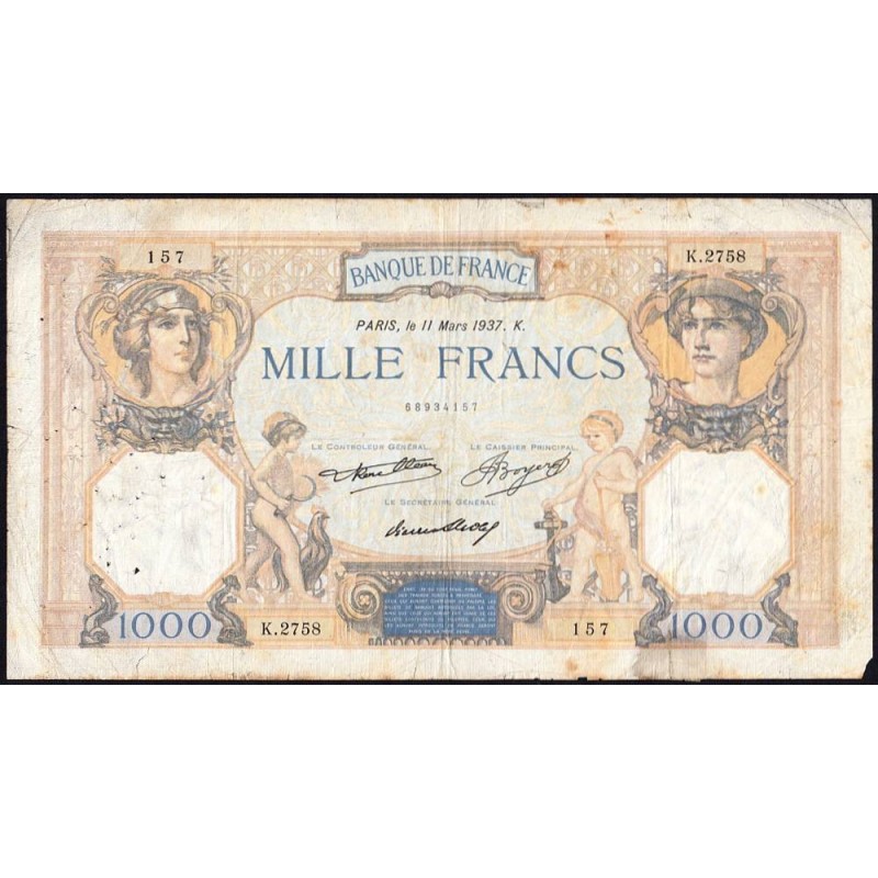 F 37-10 - 11/03/1937 - 1000 francs - Cérès et Mercure - Série K.2758 - Etat : B+