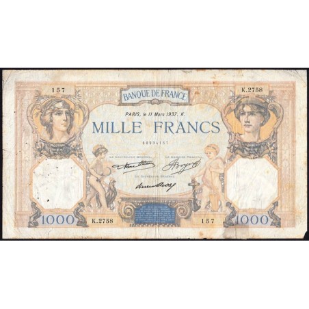 F 37-10 - 11/03/1937 - 1000 francs - Cérès et Mercure - Série K.2758 - Etat : B+