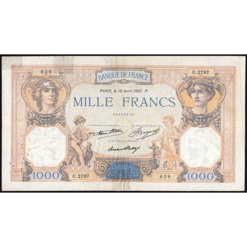 F 37-10 - 15/04/1937 - 1000 francs - Cérès et Mercure - Série U.2787 - Etat : B+