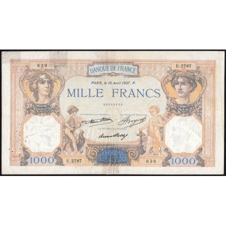 F 37-10 - 15/04/1937 - 1000 francs - Cérès et Mercure - Série U.2787 - Etat : B+