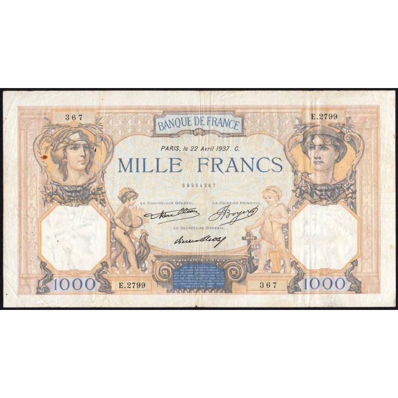 F 37-10 - 22/04/1937 - 1000 francs - Cérès et Mercure - Série E.2799 - Etat : TB+