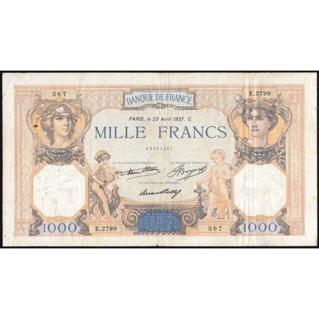 F 37-10 - 22/04/1937 - 1000 francs - Cérès et Mercure - Série E.2799 - Etat : TB+