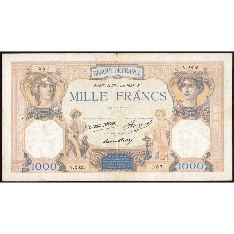 F 37-10 - 29/04/1937 - 1000 francs - Cérès et Mercure - Série V.2825 - Etat : TB