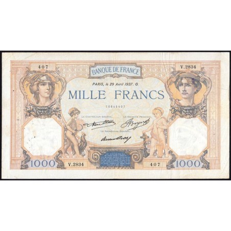 F 37-10 - 29/04/1937 - 1000 francs - Cérès et Mercure - Série V.2834 - Etat : TB+