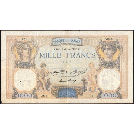 F 37-10 - 17/06/1937 - 1000 francs - Cérès et Mercure - Série P.2931 - Etat : TB-