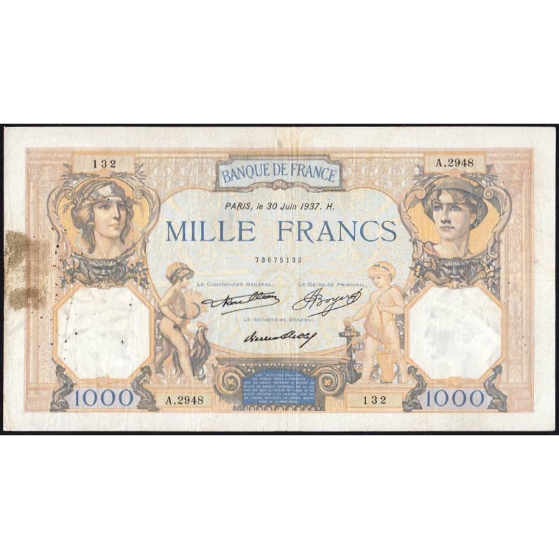 F 37-10 - 30/06/1937 - 1000 francs - Cérès et Mercure - Série A.2948 - Etat : TB-