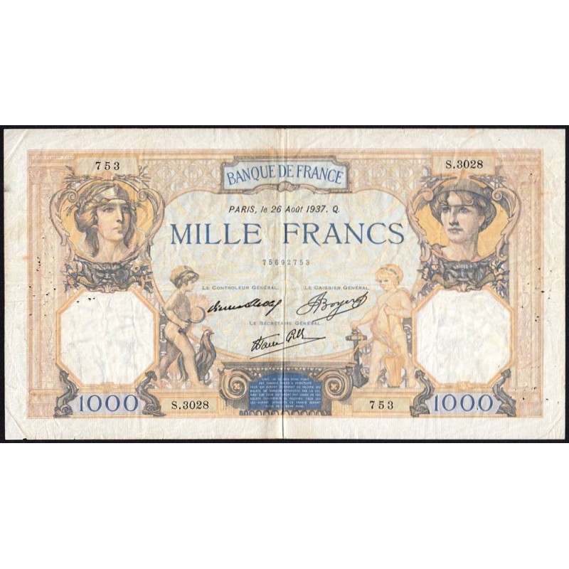 F 38-03 - 26/08/1937 - 1000 francs - Cérès et Mercure mod. - Série S.3028 - Etat : TB