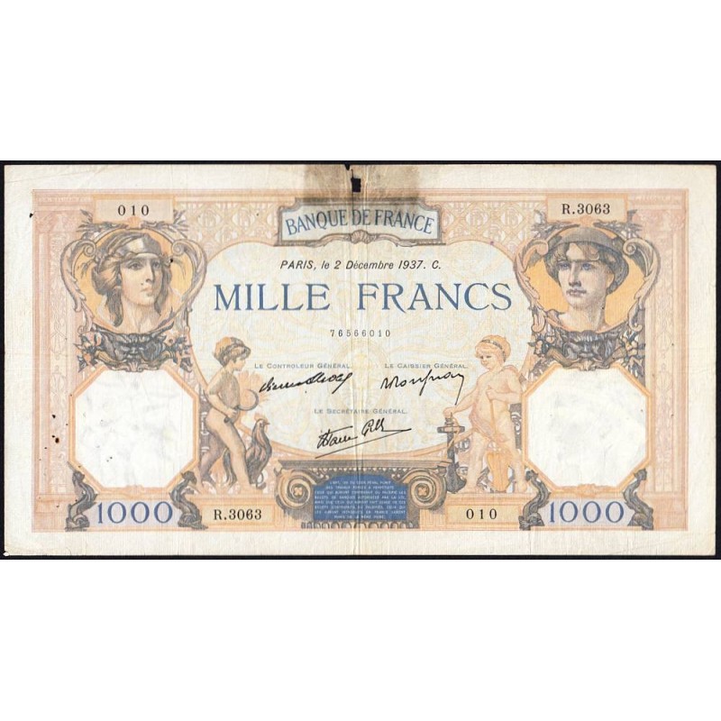 F 38-05 - 02/12/1937 - 1000 francs - Cérès et Mercure mod. - Série R.3063 - Etat : B+