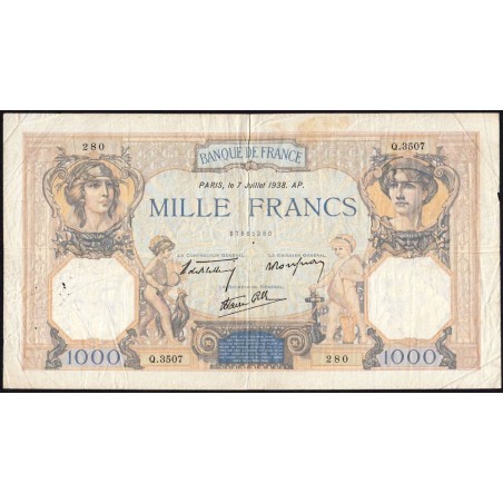 F 38-22 - 07/07/1938 - 1000 francs - Cérès et Mercure mod. - Série Q.3507 - Etat : TB