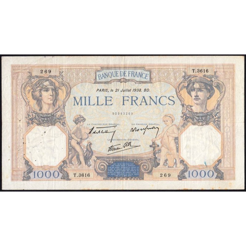 F 38-24 - 21/07/1938 - 1000 francs - Cérès et Mercure mod. - Série T.3616 - Etat : TB+