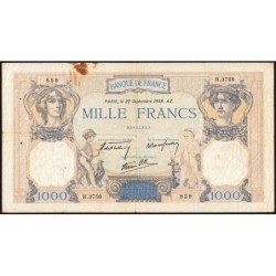 F 38-27 - 22/09/1938 - 1000 francs - Cérès et Mercure mod. - Série H.3756 - Etat : TB