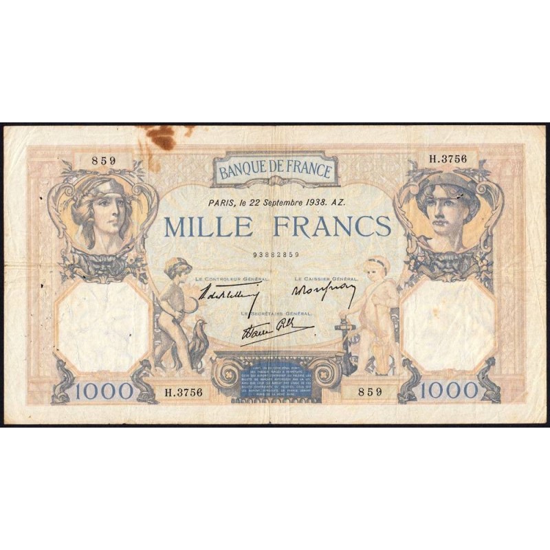 F 38-27 - 22/09/1938 - 1000 francs - Cérès et Mercure mod. - Série H.3756 - Etat : TB
