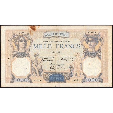 F 38-27 - 22/09/1938 - 1000 francs - Cérès et Mercure mod. - Série H.3756 - Etat : TB